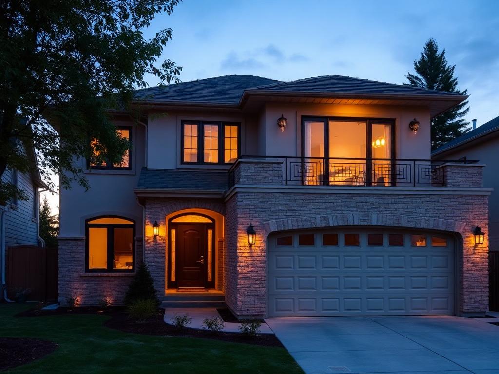 Home with new second-storey addition, stone and stucco facade, at dusk