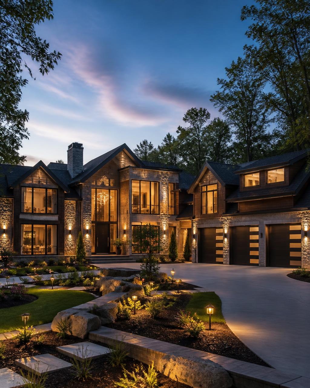 Custom luxury estate residence exterior at dusk with stone facade and landscaped drive