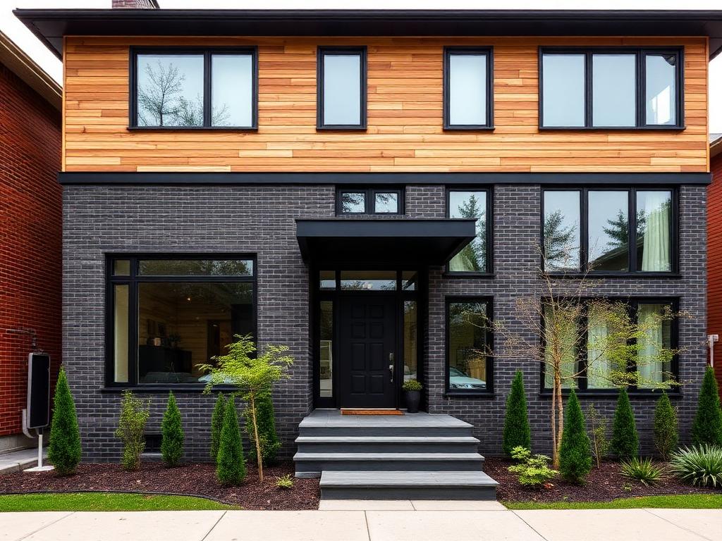 Modern three-storey custom home with dark brick and cedar cladding
